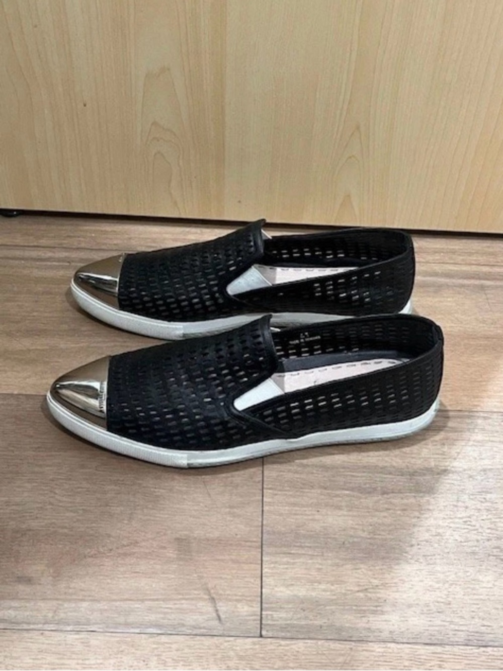 Miu Miu Black Perforated Slip-On Sneakers with Silver Cap Toe - Picture 3 of 6